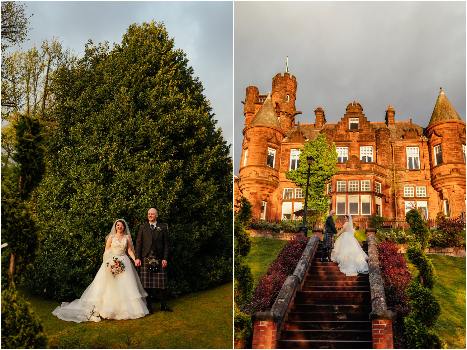 bride groom sunset golden hour photo at front of Sherbrooke castle hotel Glasgow Spring 2019