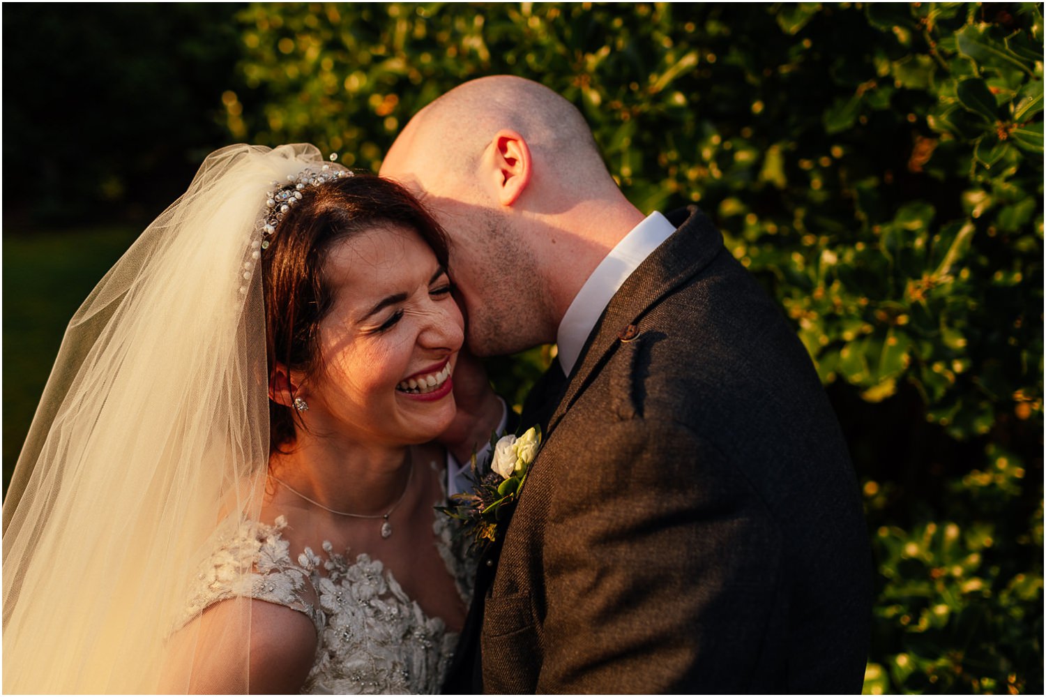 bride groom laughing sunset golden hour photo in gardens of Sherbrooke castle hotel Glasgow Spring 2019