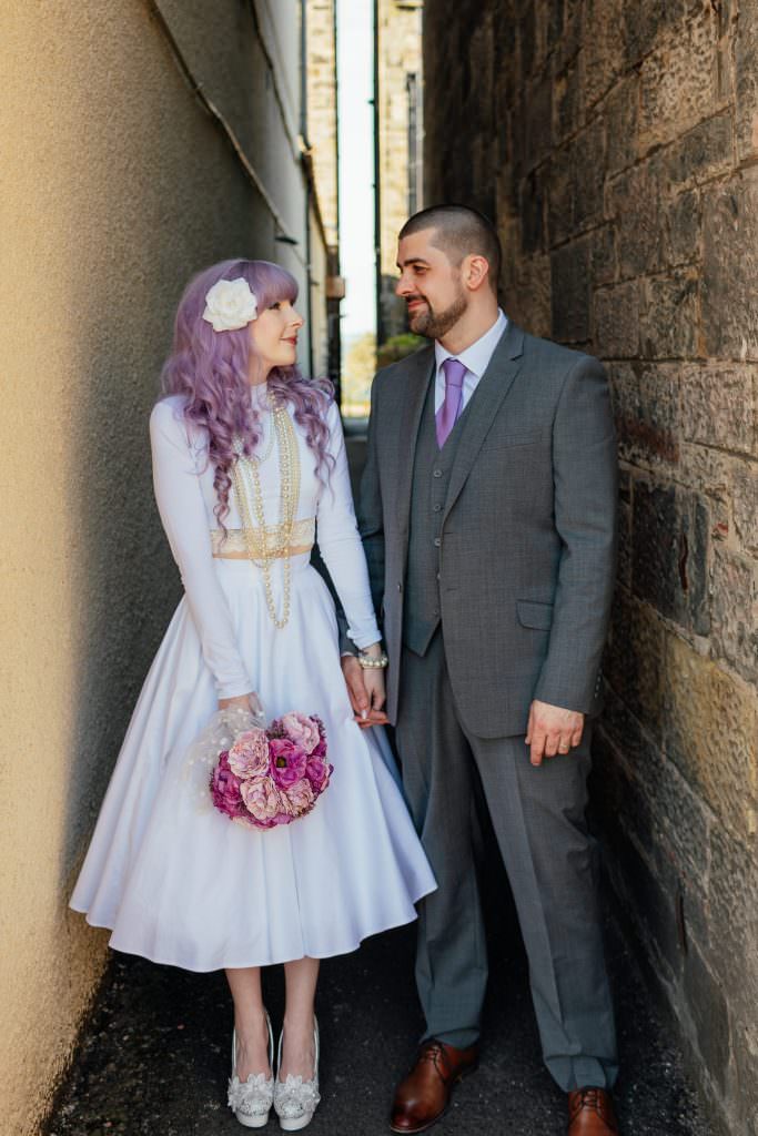 alternative bride purple hair 2 piece wedding dress