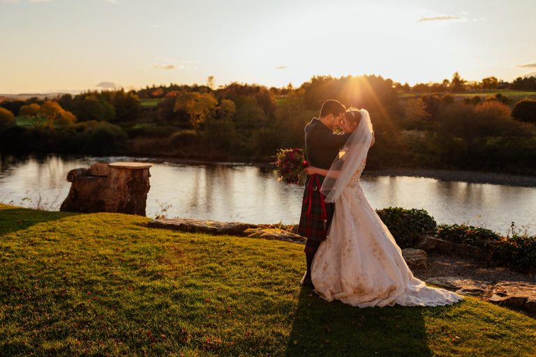 maryculter house hotel aberdeenshire wedding bride groom portraits outdoors river dee sunset october