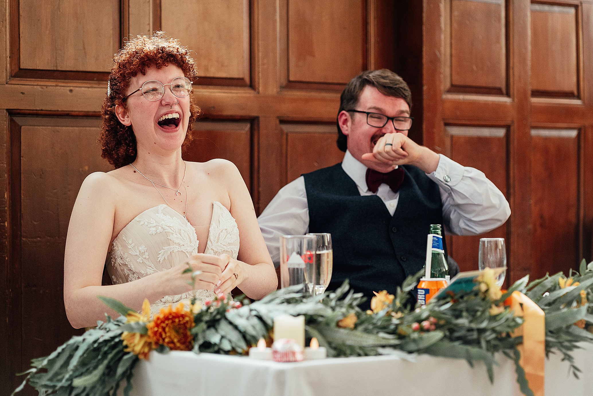 bride and groom laughing at speeches relaxed pollokshields burgh hall wedding